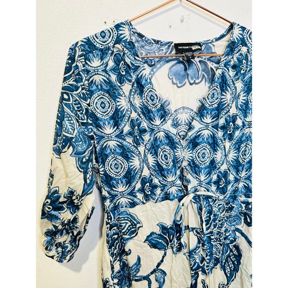 FIFTEEN TWENTY Blue Floral 100% Cotton V-Neck Tiered A-Line Dress Size Small - Picture 8 of 14